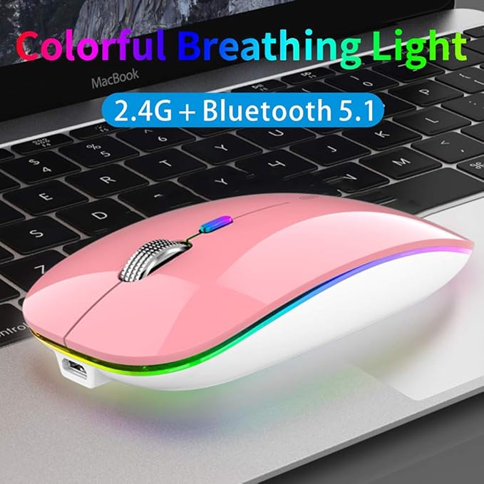 TENMOS Wireless Bluetooth Mouse, LED Slim (Bluetooth 5.1 + USB) 2.4GHz Rechargeable Silent Bluetooth Wireless Mouse with Type C Adapter for Laptop/MacBook/iPad OS 13 and Above (Pink)