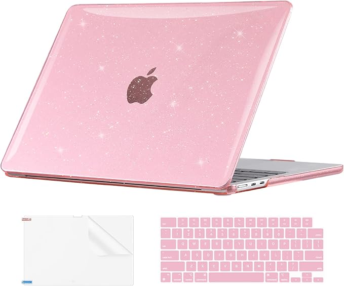 EooCoo Case Compatible with MacBook Air 13 inch M5 2026-2022 Release M4 M3 M2 A3449 A3240 A3113 A2681, Glitter Hard Shell&Keyboard Skin Cover&Screen Protector for Mac Air 13.6 inch, Sparkly Pink