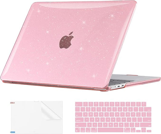 EooCoo Case Compatible with MacBook Air 13 inch M5 2026-2022 Release M4 M3 M2 A3449 A3240 A3113 A2681, Glitter Hard Shell&Keyboard Skin Cover&Screen Protector for Mac Air 13.6 inch, Sparkly Pink