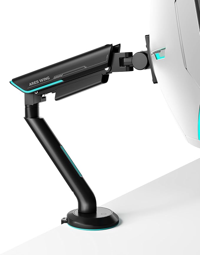 ARES WING Single Monitor Mount, Heavy-Duty Gaming Monitor Arm fits for 24"-57" Ultrawide Screen, Adjustable Computer Monitor Stand Holds Up to 60LBS with VESA Mount, Clamp & Grommet, Black