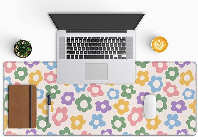 Vintage Groovy Flowers Desk Mat Large Gaming Mouse Pad XL Extended Mousepad Desk Pad Big Keyboard Pad Desktop Mouse Mat 31.5"x11.8" Deskmat for Gamers with Stitched Edges Non-Slip Rubber Base