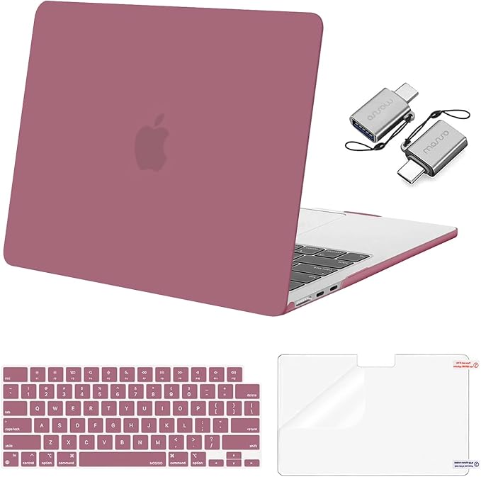 MOSISO Compatible with MacBook Air 13 inch Case M5 2026 M4 2025 M3 M2 2024-2022 A3449 A3240 A3113 A2681, Hard Shell&Keyboard Cover&Screen Film&Type C for MacBook Air 13.6 inch Case, Dusty Rose