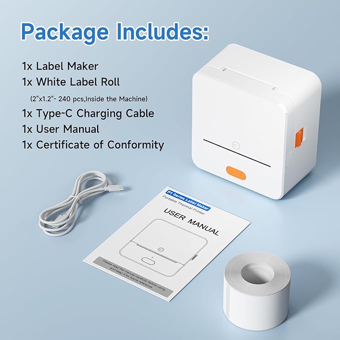 Label Maker Machine P1 2 Inch Thermal Printer Portable Bluetooth Shipping Label Printer Sticker Maker Labeling Machine Home Office School Business Use Rechargeable White