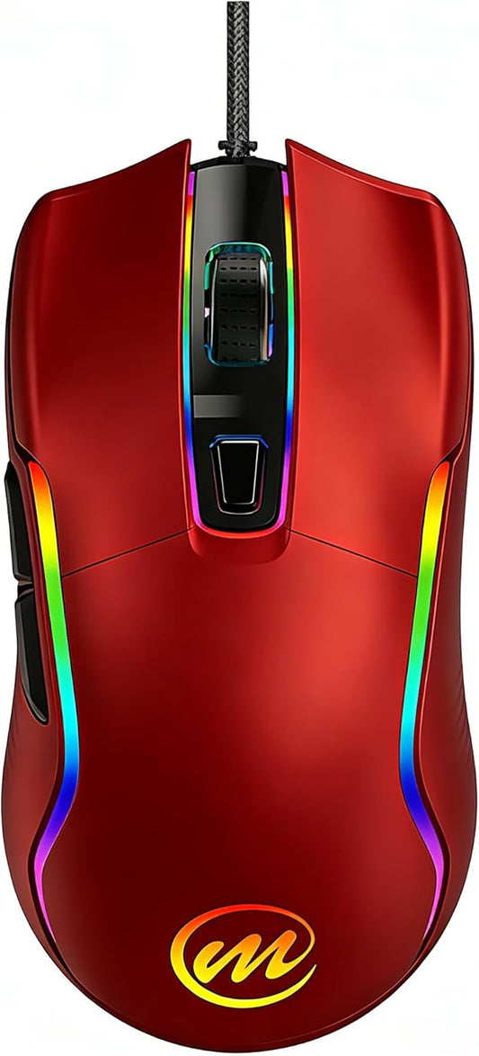 memzuoix Wired Gaming Mouse with RGB - 6 Adjustable DPI up to 12800, 6 Buttons, 12 Lighting Modes, Ergonomic Design with Anti-Slip Rubber Wheel, 5.6ft Braided Cable for PC/Mac/Windows - Red