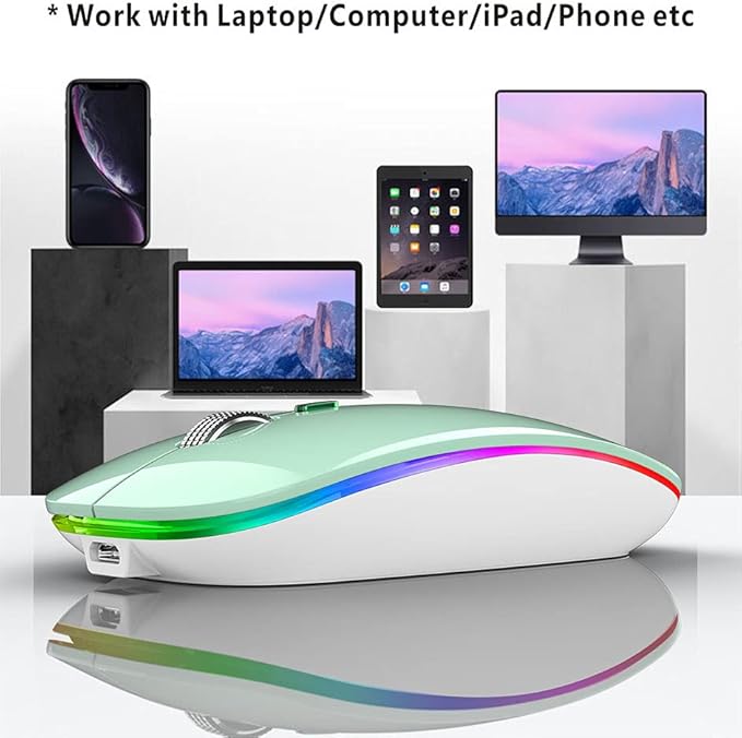 TENMOS Wireless Bluetooth Mouse, LED Slim Dual Mode (Bluetooth 5.1 + USB) 2.4GHz Rechargeable Silent Mint Green Mouse for Laptop/MacBook/iPad OS 13 and Above