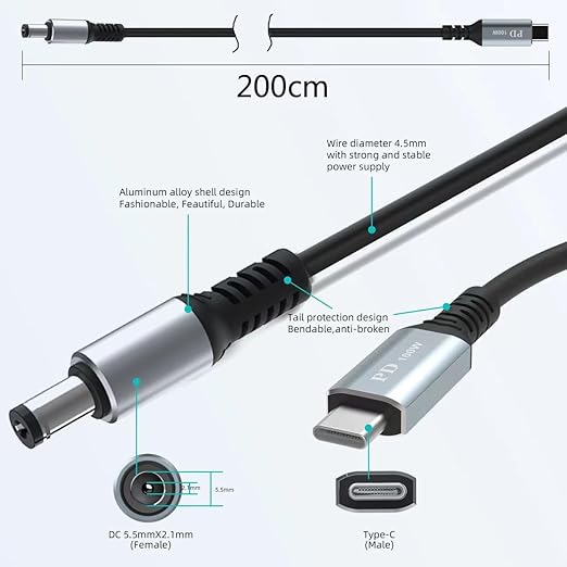 USB C to DC 5.5mm x 2.1mm Power Cable, USB C Input to DC 20V Output Charging Cable, Used in Conjunction with PD Charger and PD Mobile Power Bank, with a Maximum Output of DC 20V 5A(6.6ft)