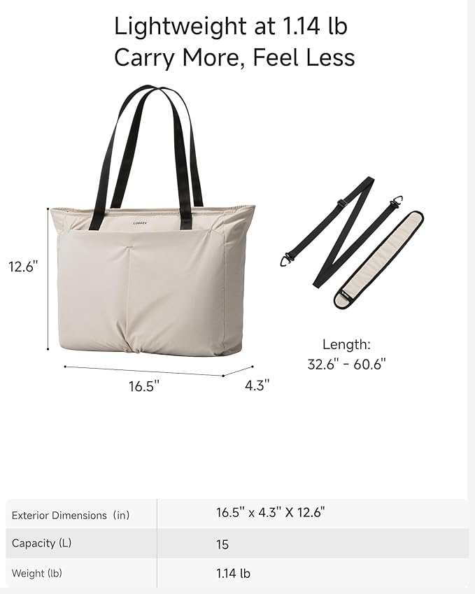 LUGGEX Laptop Tote Bag, LTX04 15L Lightweight Work Tote for 13-15.6 Inch Laptop, Water-Resistant Nylon Computer Shoulder Bag with Padded Sleeve, Bottle Holders & Luggage Strap (LTX04, Beige)