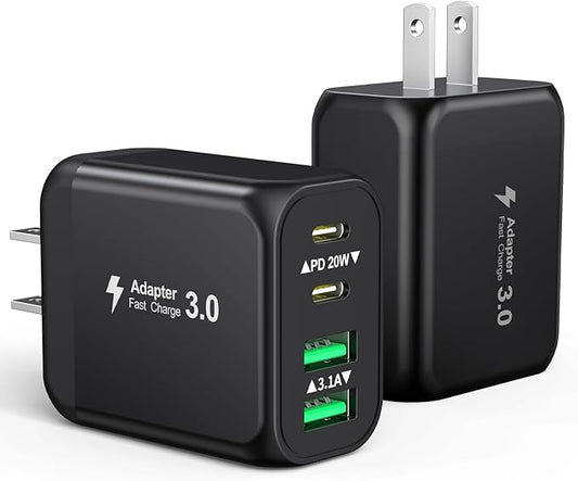 40W USB C Charger Block, 2-Pack 4-Port Fast Charging Block Power Adapter, Dual PD & QC Type-C Multiport Wall Charger for iPhone 17 16 15 14 13 12 11 Pro Max, Samsung, Tablets
