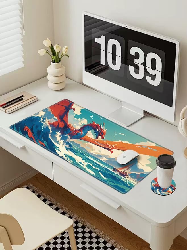 Gaming Mouse Pad Large Mousepad Dragon Desk Mat XXL Big Desk Pad Rubber Base Computer Pad with Stitched Edges Mouse Mat for Work Game Home Office