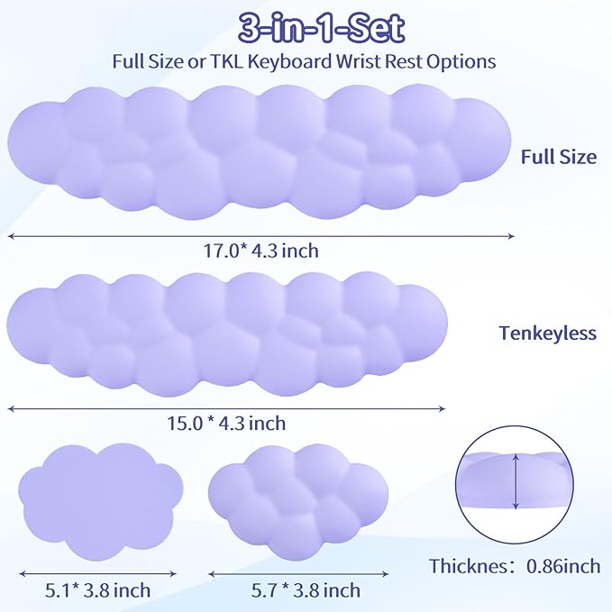 Sushret Cloud Wrist Rest Keyboard, Cloud Keyboard Wrist Pad Set with PU Leather Memory Foam, Cute Arm Rest for Palm Support, PC/Gaming Desk Accessories/Office Setup/Computer Hand Cushion - Purple