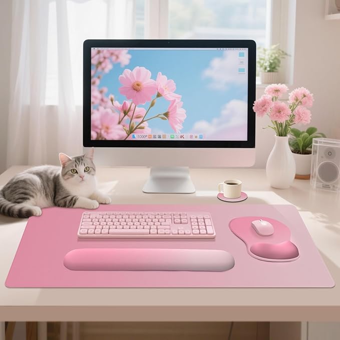 4-in-1 Large Gaming Mouse Pad, Keyboard Wrist Rest Pad & Wrist Support Mousepad Set, Extended Desk Pad Waterproof Desk Mat for Home Office Decor Study Game 35.4×15.7 Inches I Gradient Pink Blush