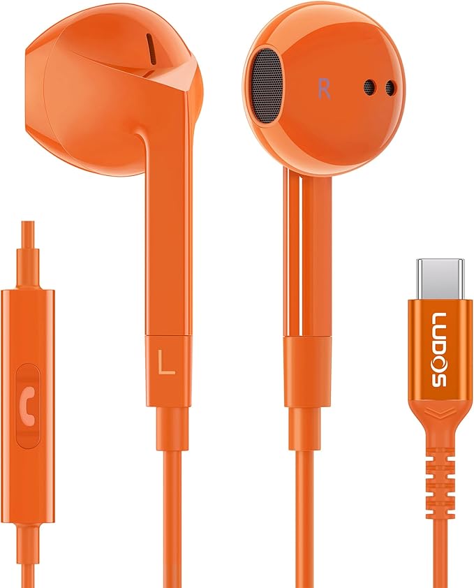 LUDOS FEROX USB C Headphones for iPhone 17 16 15 Pro Max Plus Air iPad Pro, 5 Years Warranty, USB-C Earbuds for Samsung Galaxy S24 S23 Ultra S22 S21 FE S20 Z Flip 3 Fold 4 A53, USB Type C Earphones