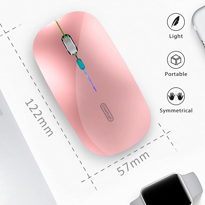 Uiosmuph LED Wireless Mouse, G12 Slim Rechargeable Silent Mouse, 2.4G Portable USB Optical Wireless Computer Mice with USB Receiver and Type C Adapter (Rose Gold)