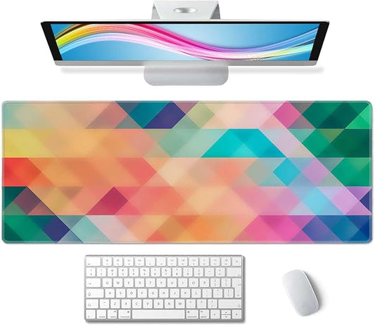 Colorful Triangles Print Desk Mat Large Gaming Mouse Pad XL Extended Mousepad Desk Pad Big Keyboard Pad Desktop Mouse Mat 31.5"x11.8" Deskmat for Gamers with Stitched Edges Non-Slip Rubber Base