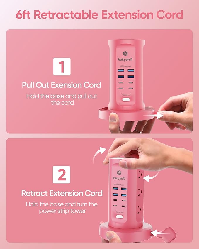 Power Strip Tower, kakyanill Surge Protector Tower 9 AC Outlets 8 USB (4 USB C), 6 Ft Retractable Extension Cord, Charging Station for Office Dorm Room, Pink