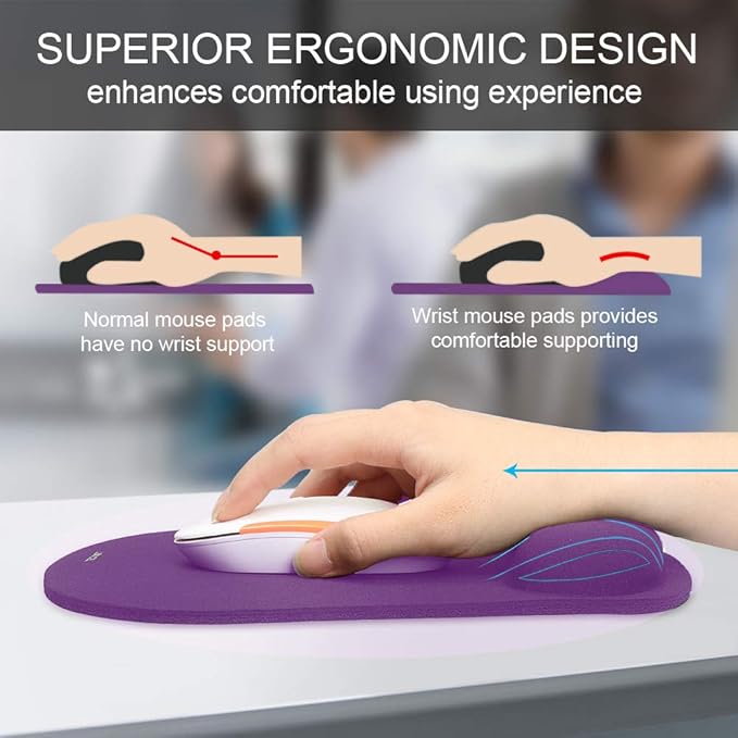 TECKNET Mouse Pad with Wrist Support, Ergonomic Gaming Mouse Pad Pain Relief, Portable Comfortable Mousepad for Computer, Laptop, Office, Home and Travel, Non-Slip Base, Waterproof Surface, Purple