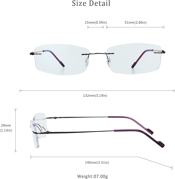 LifeArt Blue Light Blocking Computer Reading Glasses,Men's and Women's Rimless Frame (Purple, +1.25 Magnification)