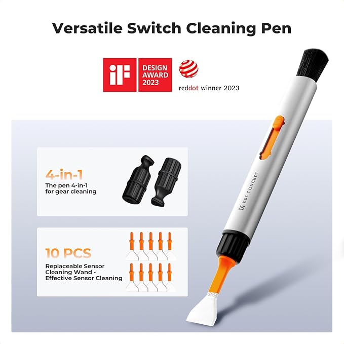 K&F CONCEPT 23 in 1 Camera Lens Cleaning Kit for DSLR Filter with Replaceable Cleaning Pen+Air Blower+Cleaning Liquid+Cleaning Cloth*2+Full-Frame Swab*10+Vacuum Cleaning Cloth*6+Anti-Static Gloves - Image 3