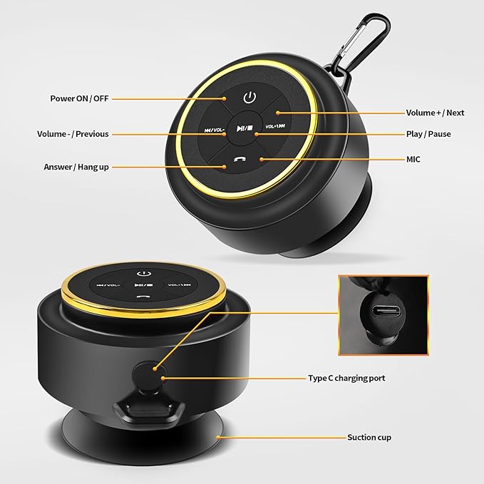 Bluetooth Shower Speaker with Carabiner, Portable Bluetooth Speakers with Suction Cup, IP67 Waterproof, Wireless, Floating, for Camping Beach Travel, Gift for Men, Women