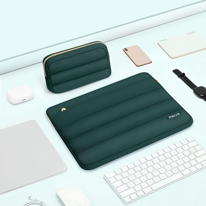 MOSISO Laptop Case 16 inch, 15-15.6 inch Puffy Laptop Sleeve Compatible with MacBook Pro 16 M5 M4 M3 M2 M1, HP Dell ASUS Acer Toshiba Lenovo, Polyester Horizontal Bag with Small Case, Peacock Green