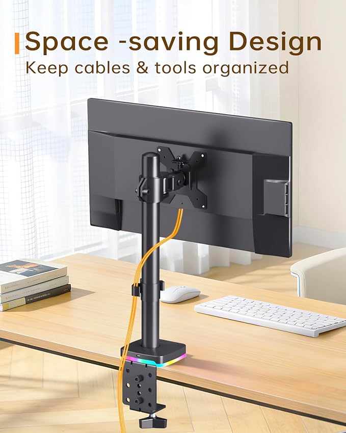 Afaloona RGB Single Monitor Desk Mount, Monitor Arm with 3 USB Ports, Charging and USB Data Transfer Function, Desk Mount for 13"-27" Monitors up to 17.6lbs, Adjustable Height, Tilt, Swivel, Rotate