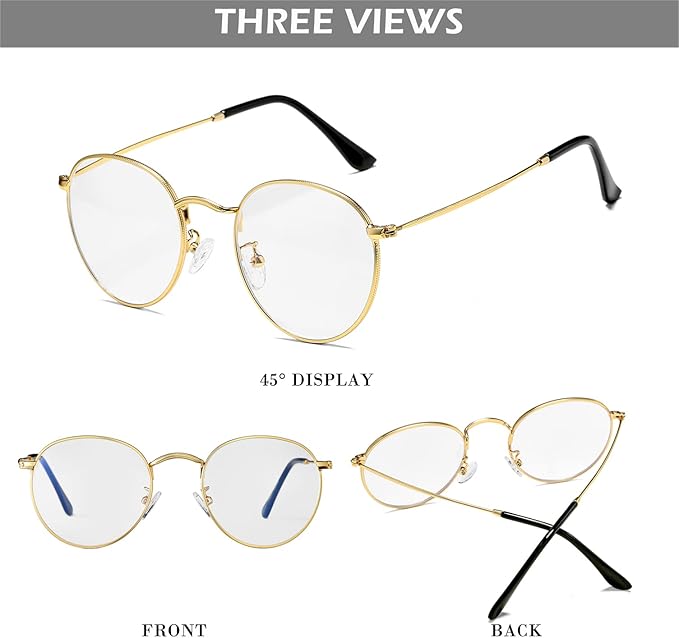 HJSTES Round Blue Light Glasses for Women Men Retro Circle Clear Lens Metal Frame Eyeglasses
