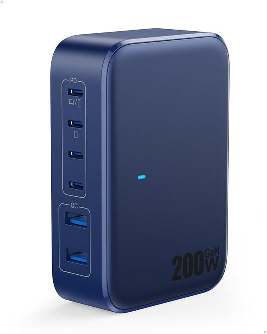 USB C Charger 200W USB Charging Block,6 Ports GaN IV Foldable Wall Charger Outlet Plug,QC4.0 Fast Charging Station Hub,PD 65W Laptop Adapter for MacBook Pro,iPhone 17/14,Galaxy,Android-Navy Blue