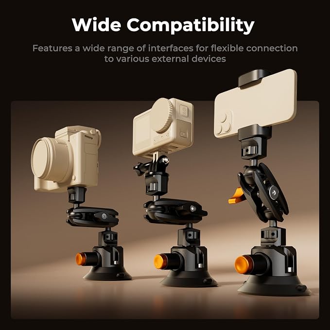 K&F CONCEPT Triple Suction Cup Car Mount for Camera, Heavy Duty 3-in-1 Kit with 15° Curved Surface Adjustment, Extension Pole & Phone Holder, Compatible with Insta360 X5/X4 GoPro DJI Action 5/4/3/2 - Image 5