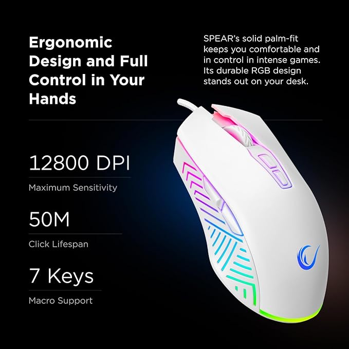 Rampage Spear V2 White Wired Gaming Mouse with RGB Lighting ?€? 12800 DPI, 7 Programmable Buttons, Lightweight Ergonomic Gaming Mouse for PC/Mac/Laptop Gamers
