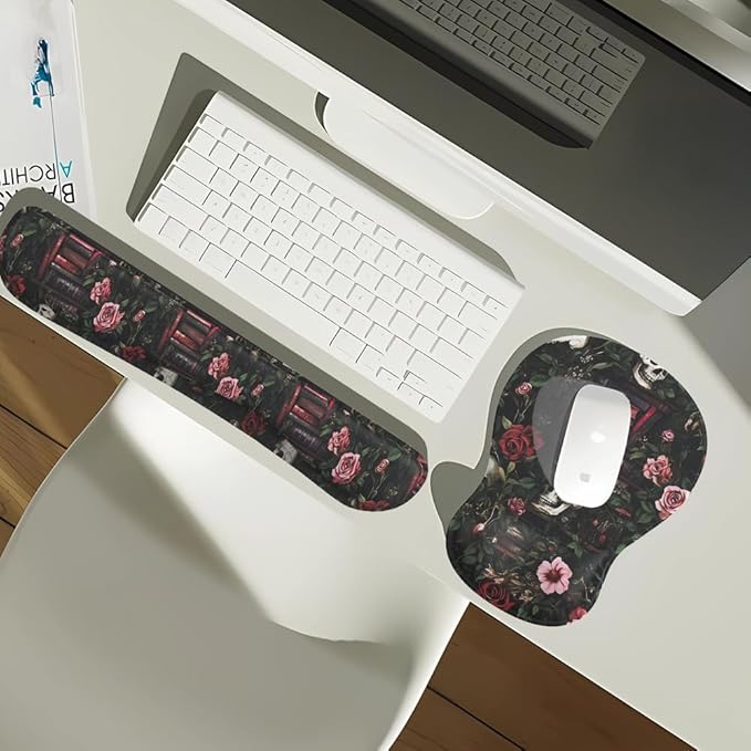Gothic Skull Rose Ergonomic Mouse Pad with Wrist Rest & Keyboard Wrist Support Set - Non-Slip Gaming Office Desk Mat, Comfortable Memory Foam Cushion for Computer/Laptop Users, Home Office Workers
