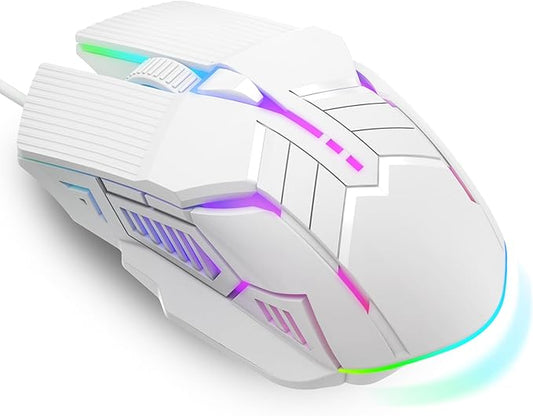 MELOGAGA Wired Gaming Mouse - Lightweight USB Optical Computer Mice with 7-Color RGB LED Lights, 4 Adjustable DPI (1200-3200), 6 Buttons, Ergonomic Design for Windows 7/8/10/XP/Vista & Linux (White)