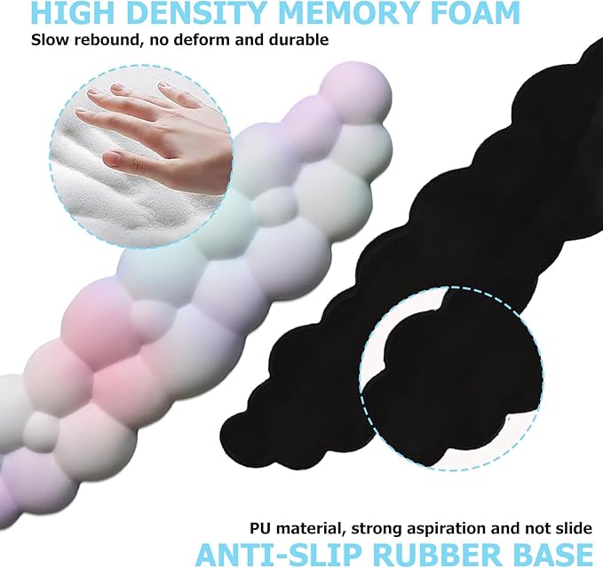Cloud Wrist Rest Keyboard, PU Leather Memory Foam Wrist Support for Computer Keyboard, Ergonomic Keyboard Pad and Cute Mouse Wrist Pad for Gaming, Office, Computer, Easy Typing Pain Relief, Rainbow
