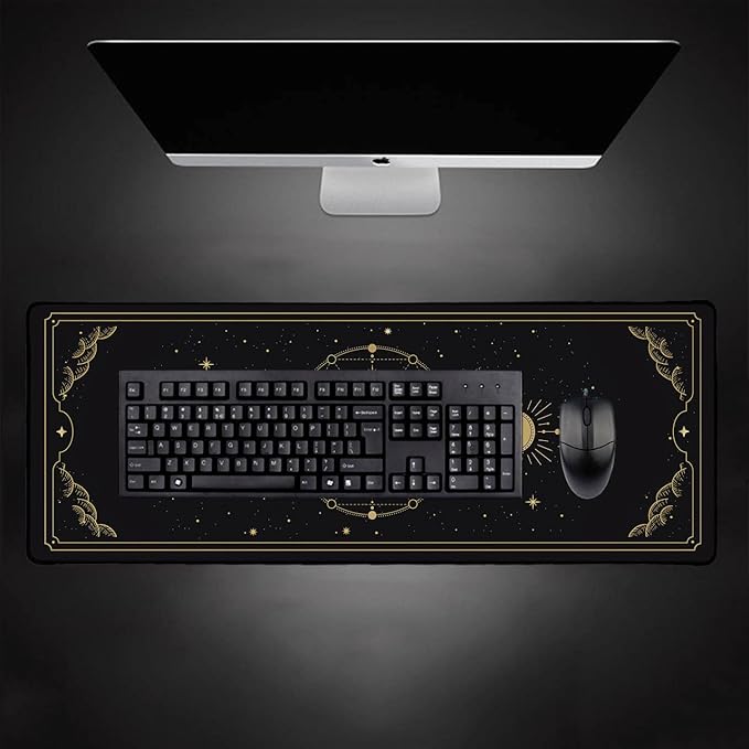 Moon Phases Large Mouse Pad, Celestial Moon Cycle Lunar Chart in Black and Gold Desk Pad, Stars in Space Horoscope Desk Mat, Mystical Astronomy Mouse Pads for Gamer Home&Office, 31.5x11.8 In