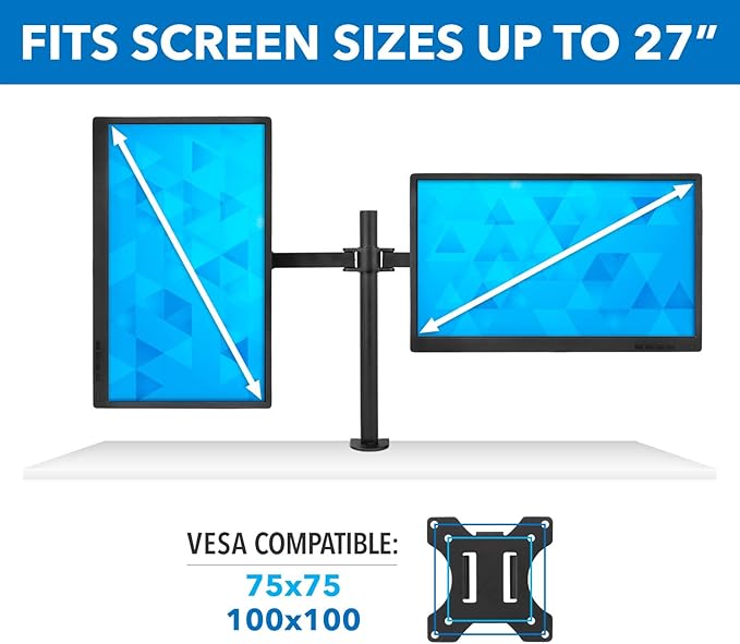 Mount-It! Dual Monitor Mount | Double Monitor Desk Stand | Two Heavy Duty Full Motion Adjustable Arms Fit 2 Computer Screens 17 19 20 21 22 24 27 Inch | VESA 75 100 | C-Clamp and Grommet Base