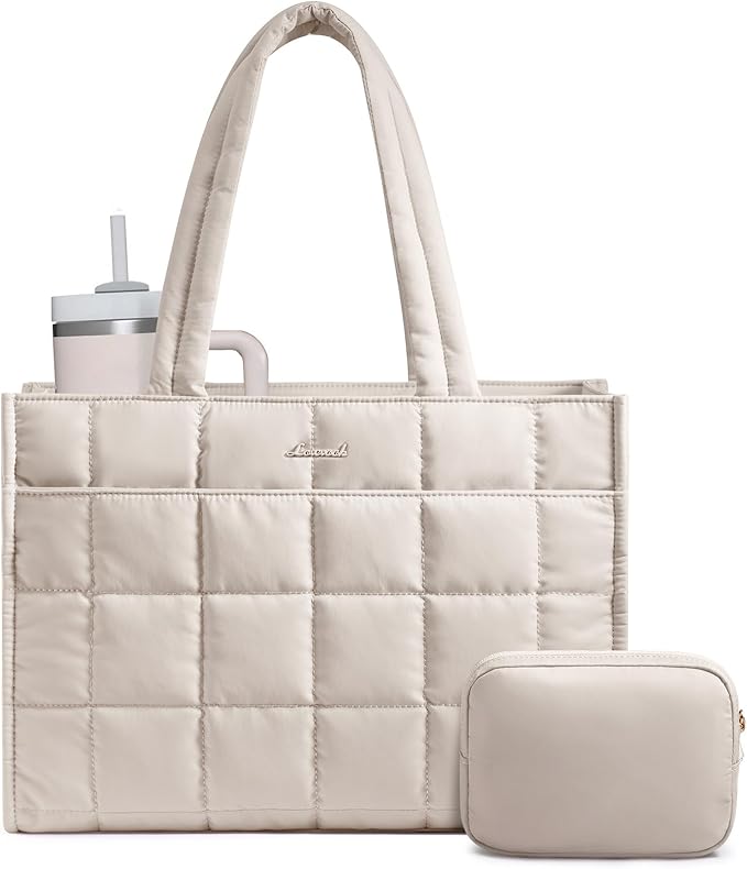 LOVEVOOK Tote Bag for Women, Puffer Work Handbag 17 Inch Laptop Purse for Nurse Teacher, Large Quilted Travel Tote Shoulder Bag with Zipper for College Office Clinical Gym