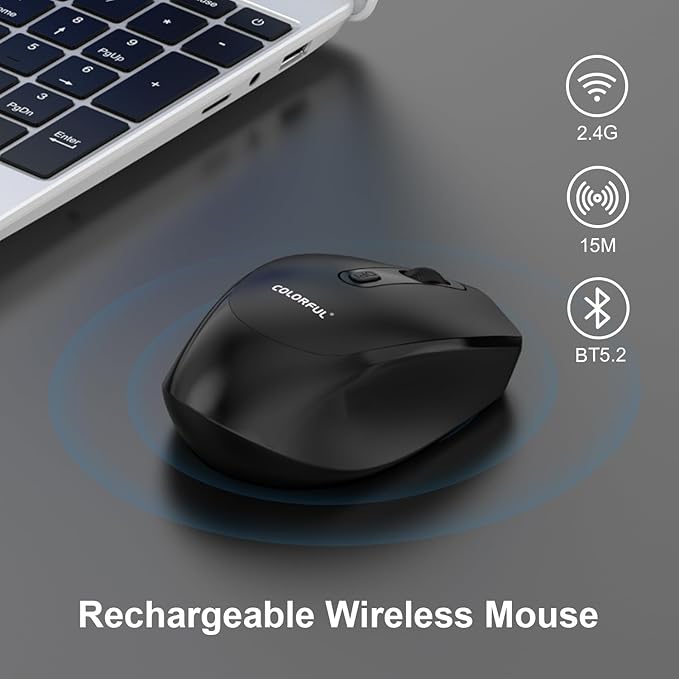 Colorful Wireless Mouse Rechargeable,Mouse for Chromebook,3-Device Pairing, 2.4G+Bluetooth 5.2 with USB Receiver,Type C Charging,for PC,Mac,Laptop,Kids Boys,Black