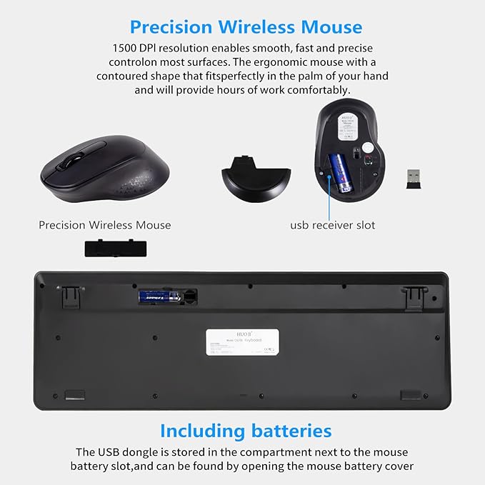 HUO JI Silent Wireless Keyboard and Mouse Combo, 2.4G Full-Size Thin Computer Keyboard Set, Quiet and Soft Ergonomic Wireless Keyboard Mouse for Windows, Laptop/PC/PS/Mac Desktop, Black