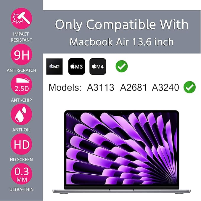 MUBUY-GOL 2 Pack Tempered Glass Screen Protector for MacBook Air 13.6 inch 2026-2022 (M5 M4 M3 M2 A3449 A3240 A3113 A2681), 9H Hardness Anti-Scratch Anti-fingerprint