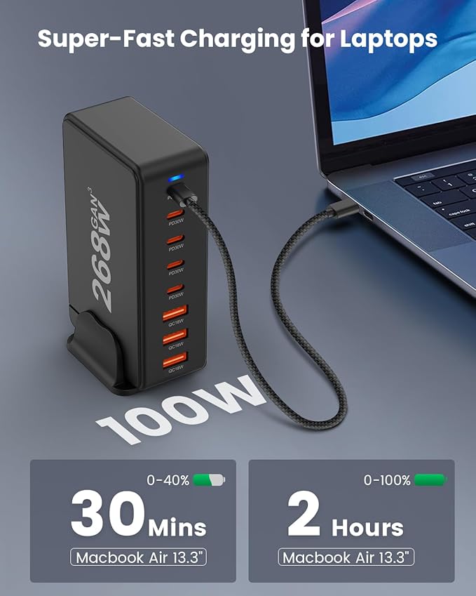 GEEKERA 268W 8-Port Fast Charging Station With 5 USB-C + 3 USB-A Ports, Portable Multiport Charging Block Wall Hub for iPhone 15 14 13 12 iPad Pro MacBook Galaxy Pixel Switch