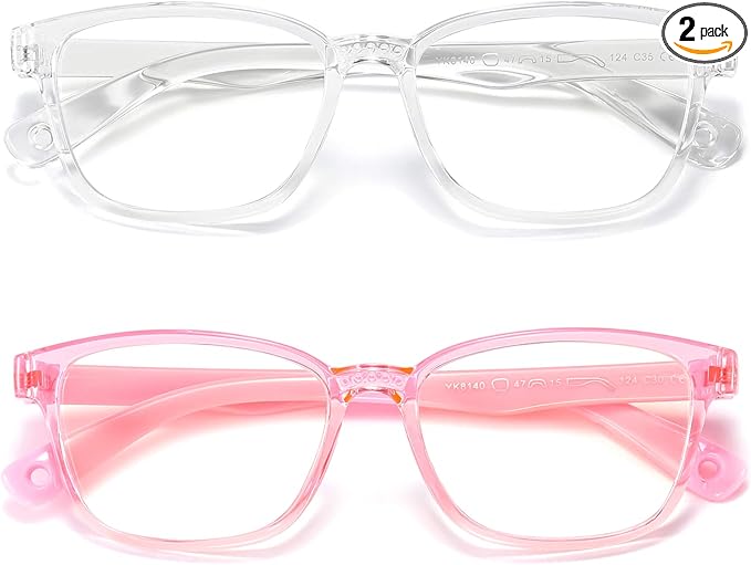 Kids Blue Light Blocking Glasses 2 Pack, Anti Eyestrain & UV Protection, Computer Gaming TV Phone Glasses for Boys Girls Age 3-9 (Clear+Transparent Pink)
