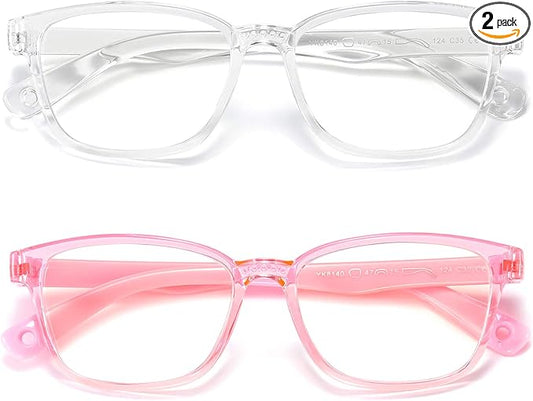 Kids Blue Light Blocking Glasses 2 Pack, Anti Eyestrain & UV Protection, Computer Gaming TV Phone Glasses for Boys Girls Age 3-9 (Clear+Transparent Pink)