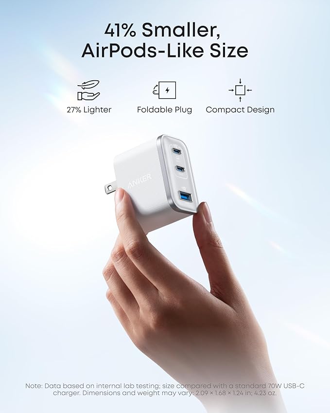 Anker Nano Charger, Ultra-Fast 70W Output 3-Port USB C Charger Block, Fast Charging, Compact and Stylish, for iPhone 17/16 Series, MacBook, iPad, Pixel, Galaxy, and More(White, Cable Included)