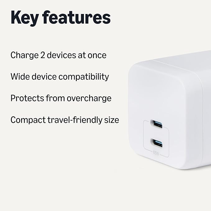 Amazon Basics Fast Charging USB C Nano GaN Wall Charger, 65W 2-Port for Laptops, Tablets, Phones, White