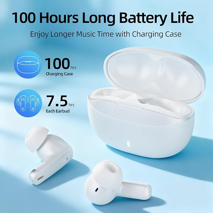 Wireless Earbuds, 100H Bluetooth 5.4 Headphones, ENC+ ANC Noise Cancelling Touch Control True Wireless Bluetooth Ear Buds,Stereo Deep Bass Bluetooth Headset for Sports/Workout/Gym(White)