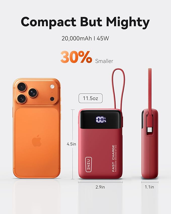INIU Portable Charger, Compact 20000mAh Power Bank with Build in USB-C Cable, 45W Fast Charging Mini Powerbank, Flight Cruise Ship Travel Essentials Phone Charger for College Student Boys Girls, Red