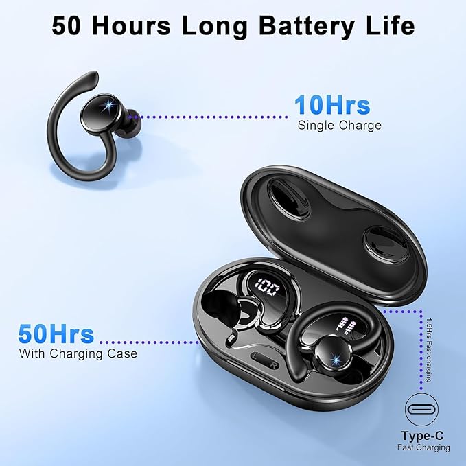 Wireless Earbuds, Bluetooth 5.4 Headphones Sport, 50H Deep Bass Sound Over Ear Buds with 4 ENC Noise Cancelling Mic, Dual LED Display, IP7 Waterproof Earphones with Earhook for Workout/Running/Gym