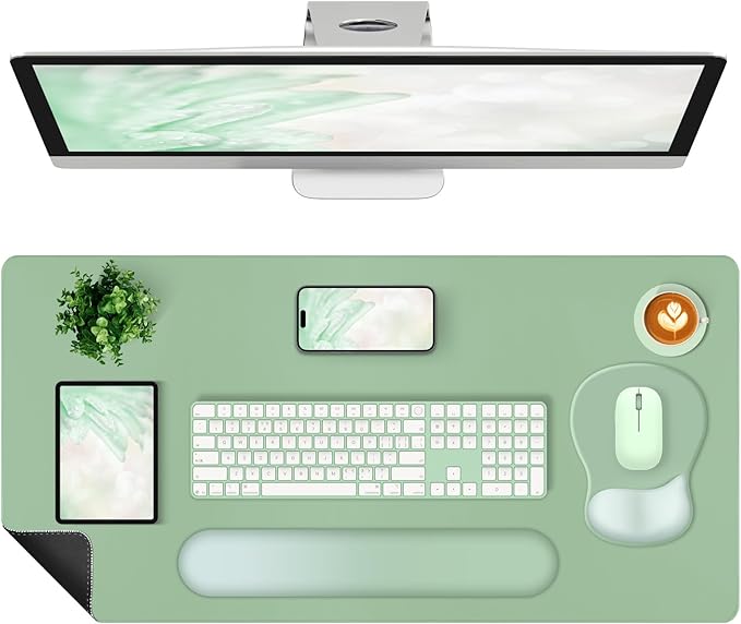 4-in-1 Large Gaming Mouse Pad, Keyboard Wrist Rest Pad & Wrist Support Mousepad Set, Extended Desk Pad Waterproof Desk Mat Protector for Home Office Decor Study Game 35.4×15.7 Inches I Sage Green