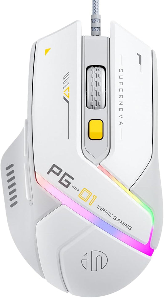 INPHIC PG1 Wired Computer Gaming Mouse Ergonomic, 12800 DPI High-Precision, 6 Programmable Buttons, RGB Backlit for Gaming - White Gray