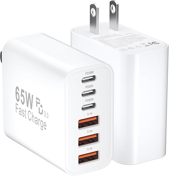 USB C Fast Charger Block iPhone Charger Fast Charging Blocks 65W Multi Port Chargers 6-Ports PD & QC Charging Cube Brick Power Adapter Type C Wall Chargers for iPhone 17/16/15/14/13/12 Pro Max, iPad
