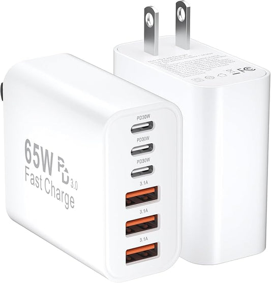 USB C Fast Charger Block iPhone Charger Fast Charging Blocks 65W Multi Port Chargers 6-Ports PD & QC Charging Cube Brick Power Adapter Type C Wall Chargers for iPhone 17/16/15/14/13/12 Pro Max, iPad